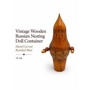 Vintage Wooden Russian Nesting Doll Container Hand Carved Bearded Man